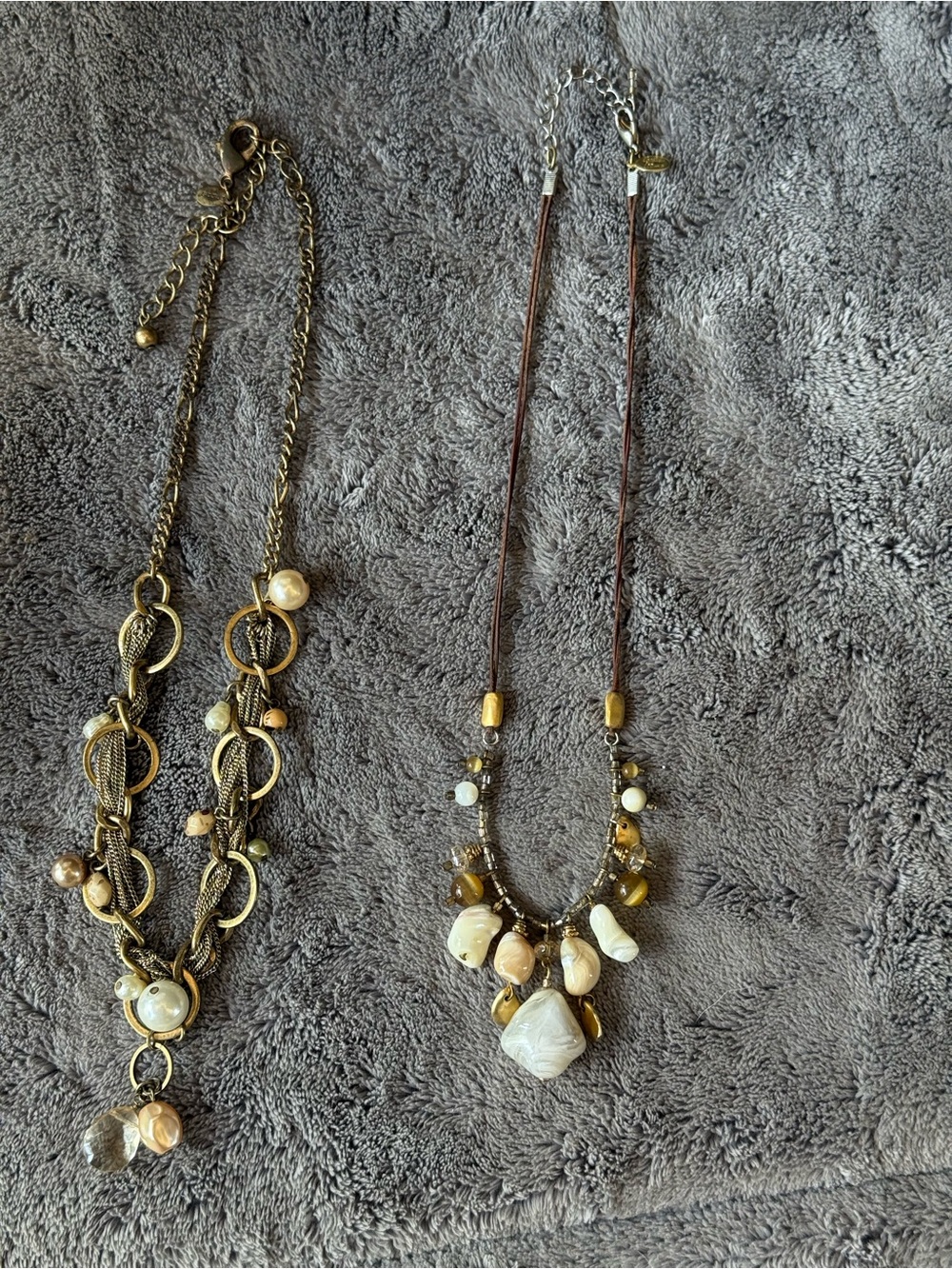 Pair of vintage Layered Gold-Tone Necklace with Cream and Tan Beads. 2 brands